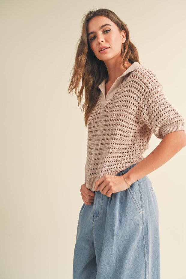 Gemma Crochet Knitted Collared Top - Seashell