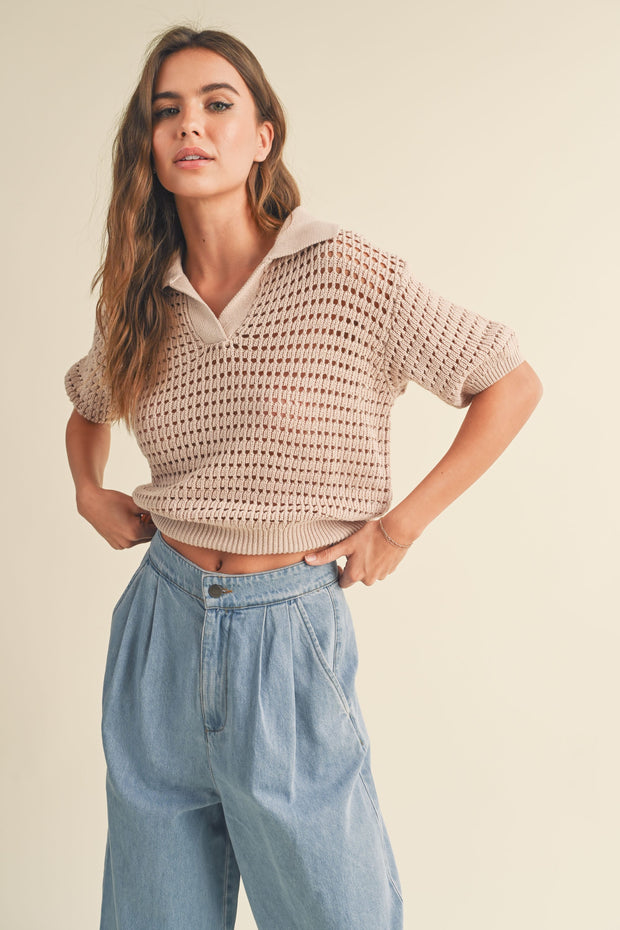 Gemma Crochet Knitted Collared Top - Seashell