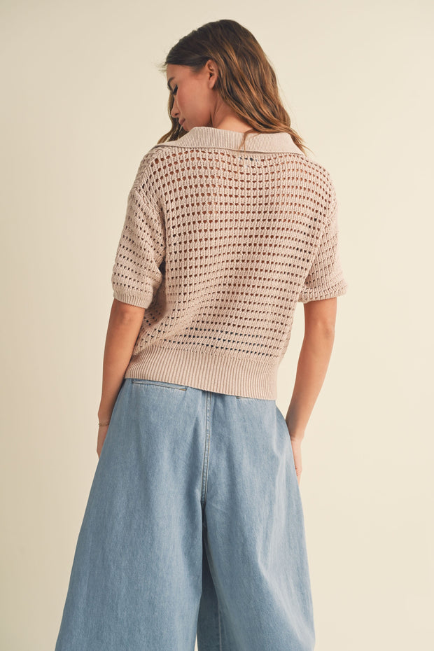 Gemma Crochet Knitted Collared Top - Seashell