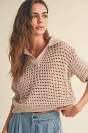 Gemma Crochet Knitted Collared Top - Seashell